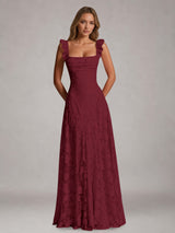 Free Shipping A-Line Square Neck Flutter Straps Sleeveless Floral Lace Bridesmaid Dress with Ruffles