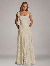 Free Shipping A-Line Square Neck Flutter Straps Sleeveless Floral Lace Bridesmaid Dress with Ruffles
