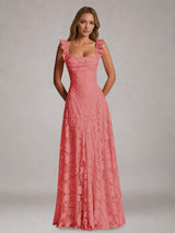 Free Shipping A-Line Square Neck Flutter Straps Sleeveless Floral Lace Bridesmaid Dress with Ruffles