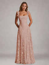 Free Shipping A-Line Square Neck Flutter Straps Sleeveless Floral Lace Bridesmaid Dress with Ruffles