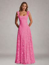 Free Shipping A-Line Square Neck Flutter Straps Sleeveless Floral Lace Bridesmaid Dress with Ruffles