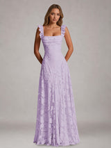 Free Shipping A-Line Square Neck Flutter Straps Sleeveless Floral Lace Bridesmaid Dress with Ruffles