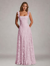 Free Shipping A-Line Square Neck Flutter Straps Sleeveless Floral Lace Bridesmaid Dress with Ruffles