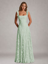 Free Shipping A-Line Square Neck Flutter Straps Sleeveless Floral Lace Bridesmaid Dress with Ruffles
