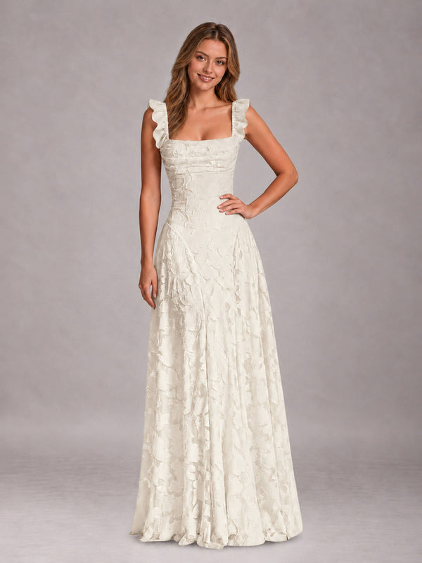 Ivory A-Line Square Neck Flutter Straps Sleeveless Floral Lace Bridesmaid Dress With Ruffles