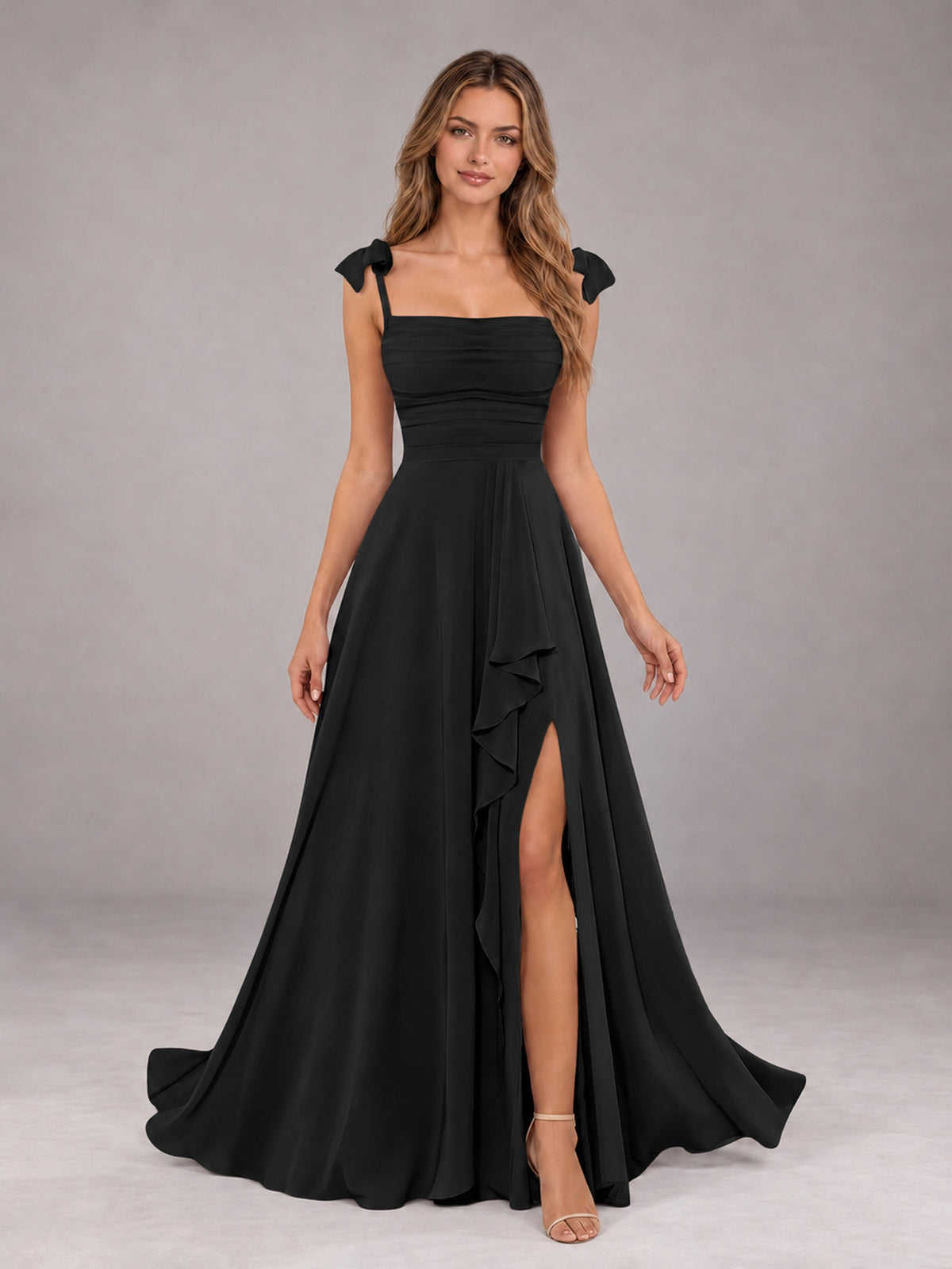 Black A-Line Square Neck Sleeveless Chiffon Floor-Length Bridesmaid Dress With Side Split