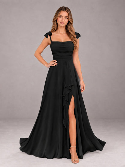 Black A-Line Square Neck Sleeveless Chiffon Floor-Length Bridesmaid Dress With Side Split