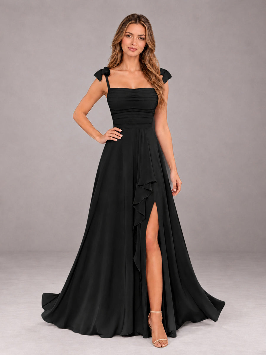 Black A-Line Square Neck Sleeveless Chiffon Floor-Length Bridesmaid Dress With Side Split