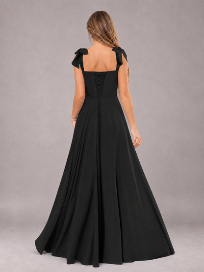 Black A-Line Square Neck Sleeveless Chiffon Floor-Length Bridesmaid Dress With Side Split