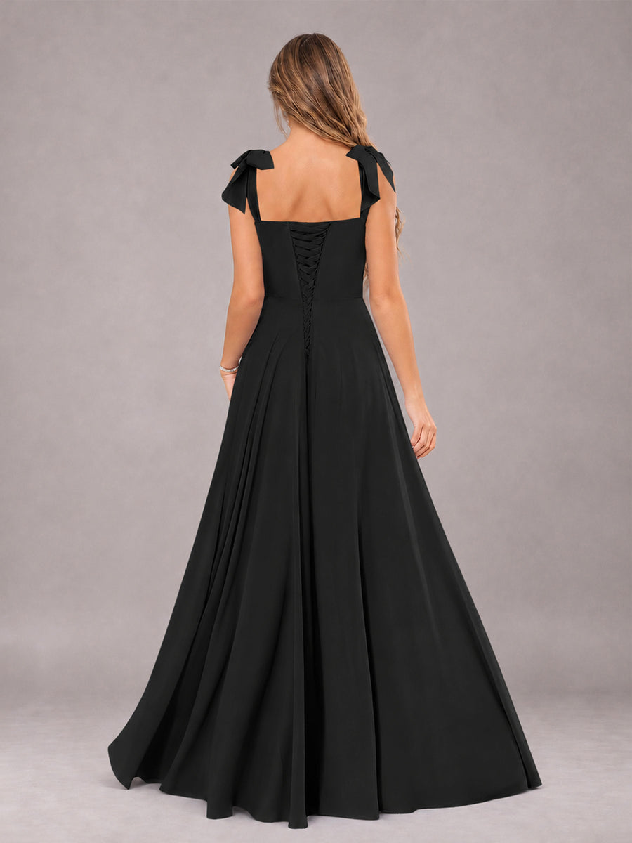 Black A-Line Square Neck Sleeveless Chiffon Floor-Length Bridesmaid Dress With Side Split