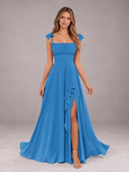 Blue A-Line Square Neck Sleeveless Chiffon Floor-Length Bridesmaid Dress With Side Split