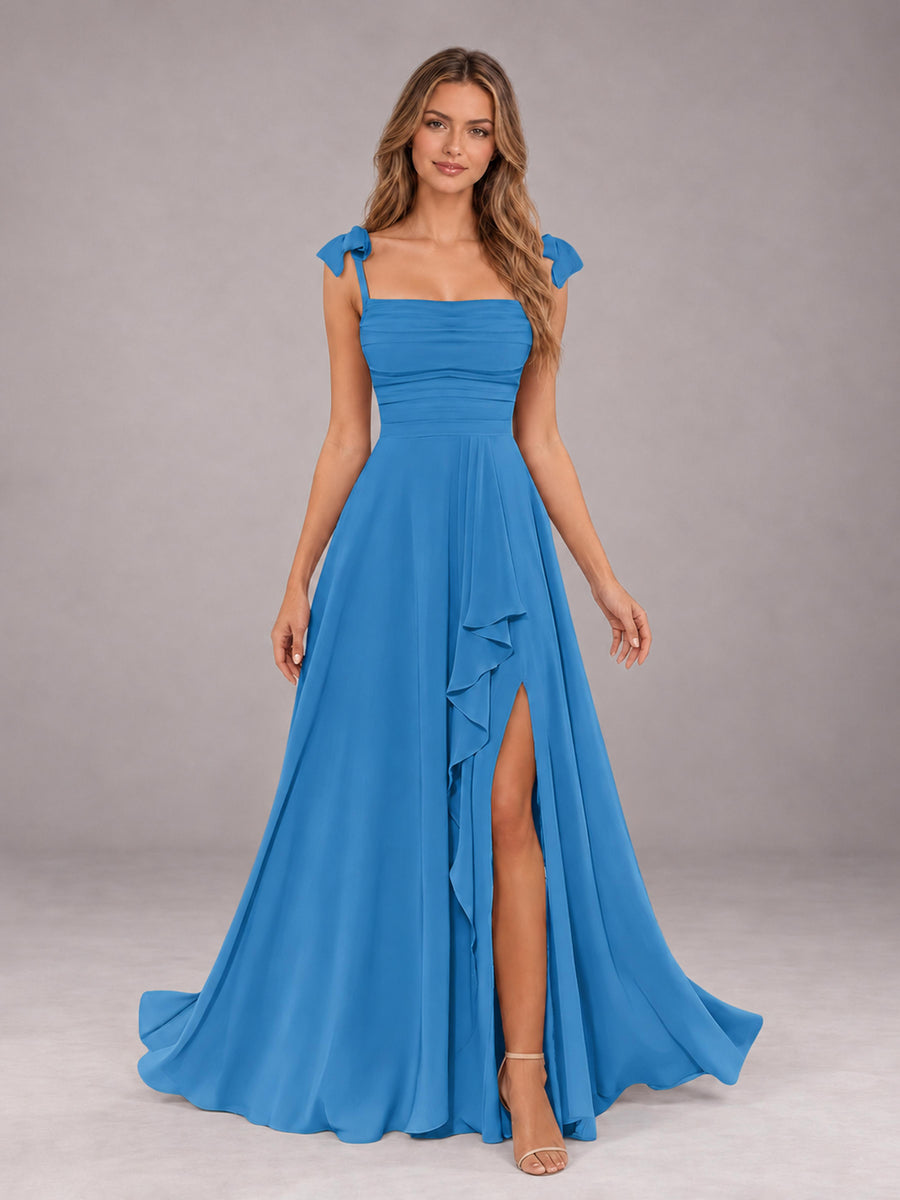 Blue A-Line Square Neck Sleeveless Chiffon Floor-Length Bridesmaid Dress With Side Split