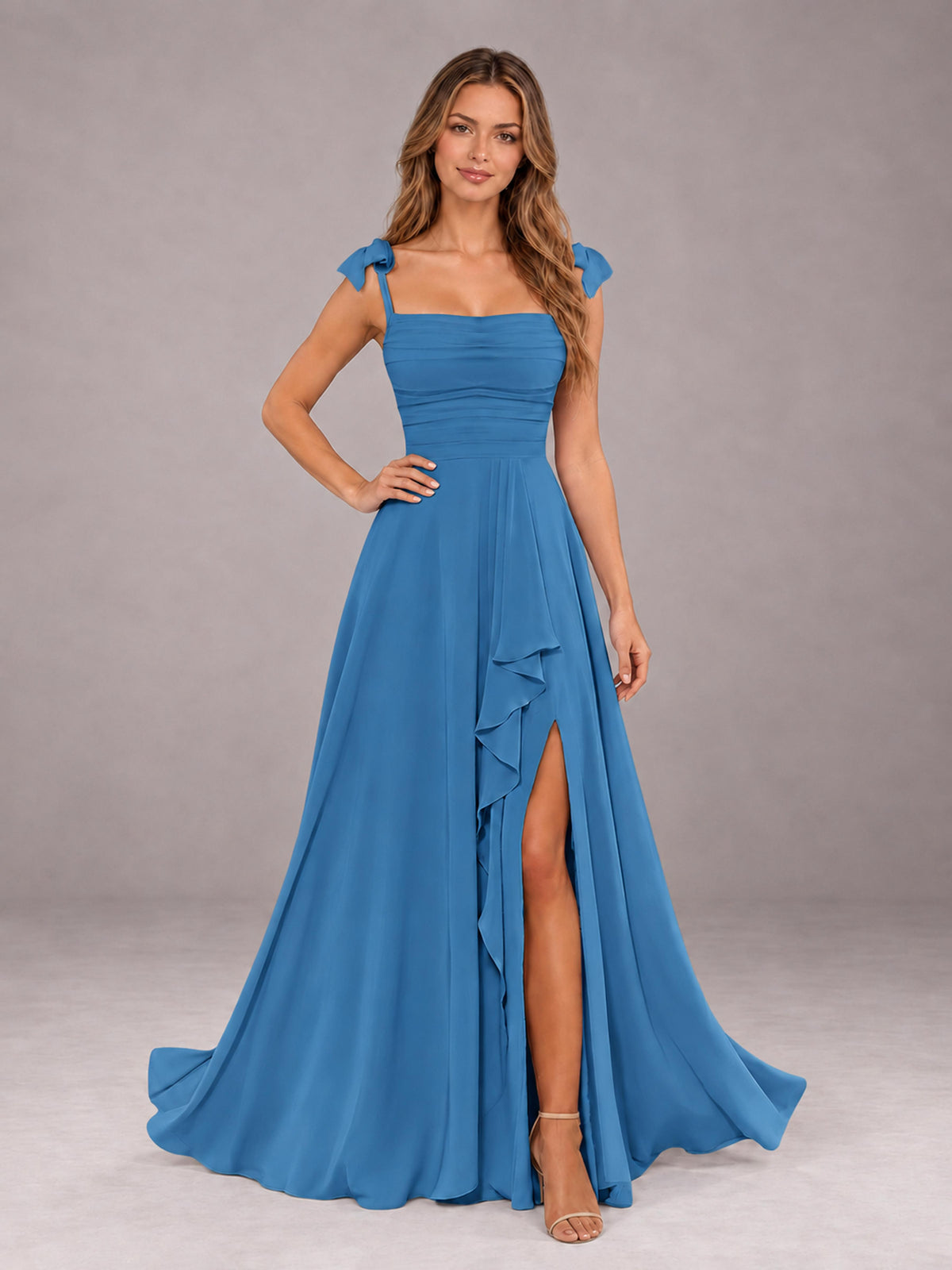 Blue A-Line Square Neck Sleeveless Chiffon Floor-Length Bridesmaid Dress With Side Split