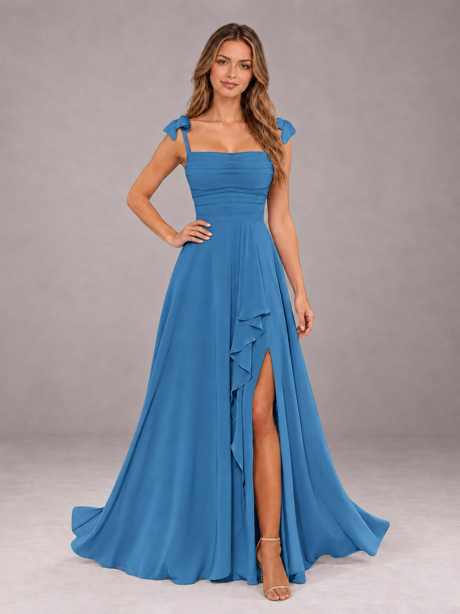 Blue A-Line Square Neck Sleeveless Chiffon Floor-Length Bridesmaid Dress With Side Split