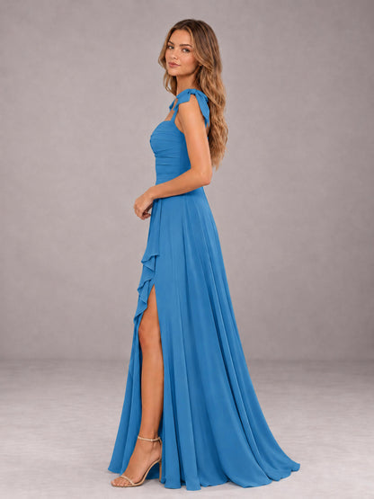 Blue A-Line Square Neck Sleeveless Chiffon Floor-Length Bridesmaid Dress With Side Split