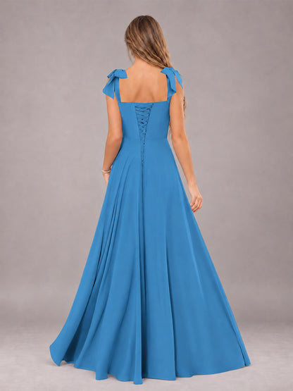 Blue A-Line Square Neck Sleeveless Chiffon Floor-Length Bridesmaid Dress With Side Split