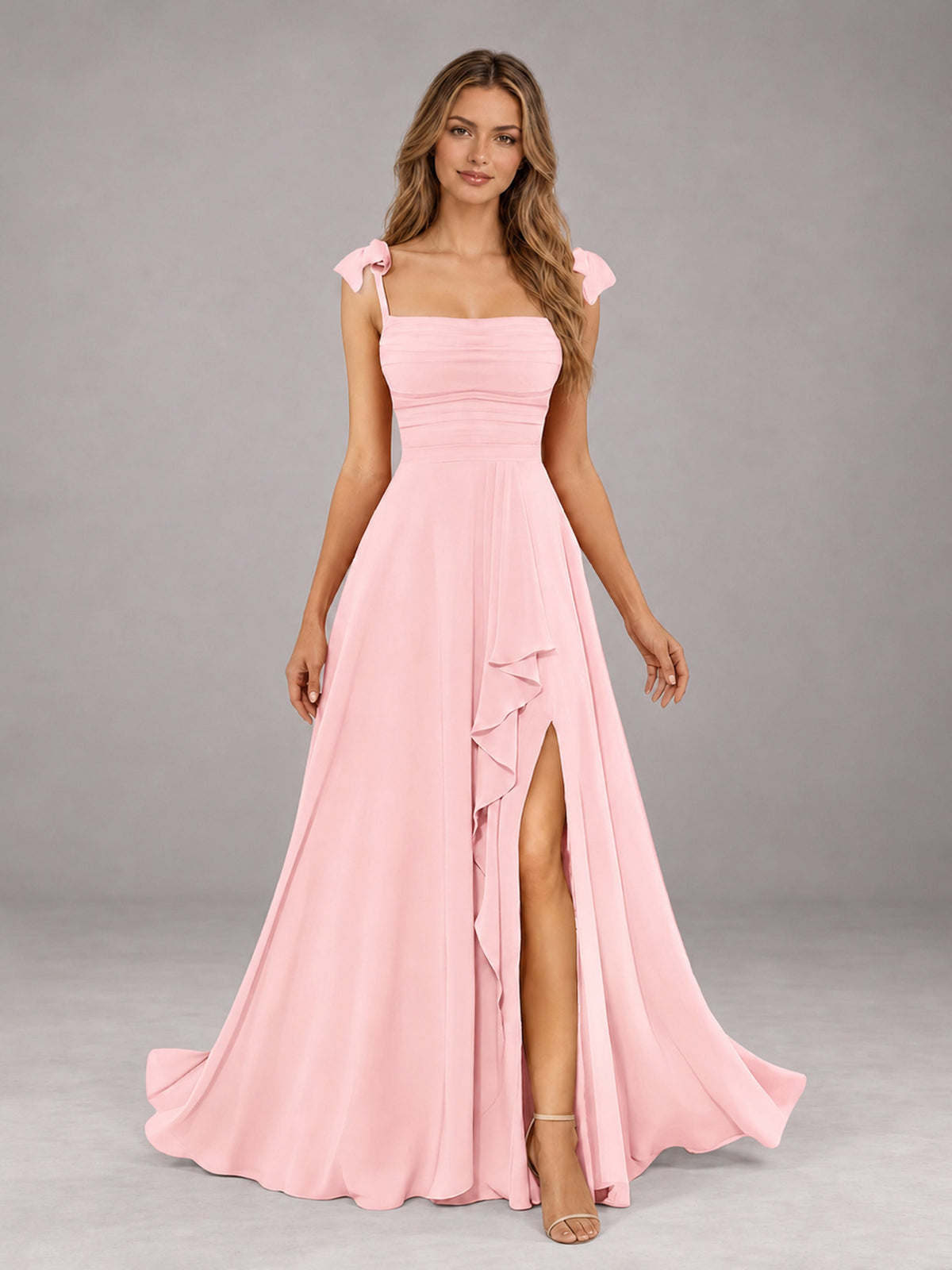 Blush Pink A-Line Square Neck Sleeveless Chiffon Floor-Length Bridesmaid Dress With Side Split