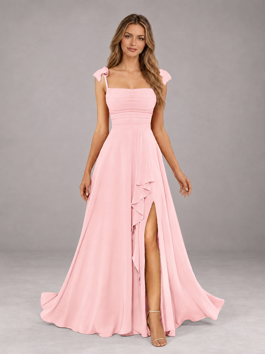 Blush Pink A-Line Square Neck Sleeveless Chiffon Floor-Length Bridesmaid Dress With Side Split