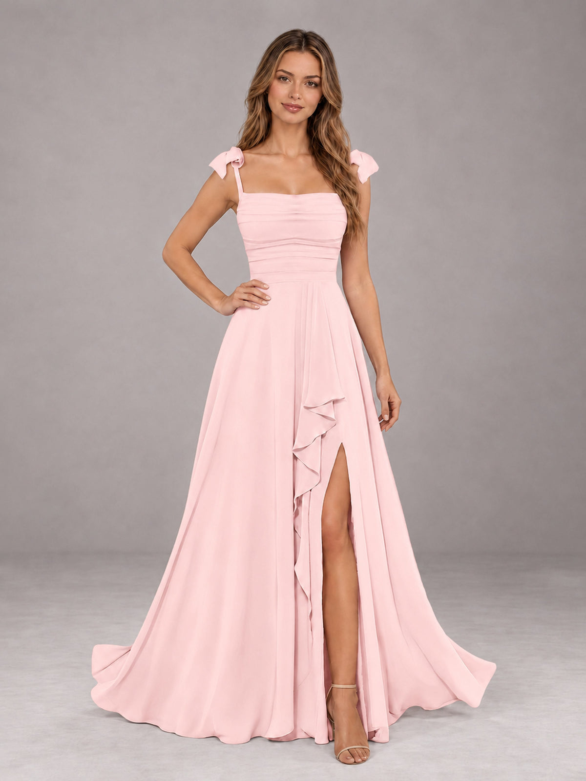 Blush Pink A-Line Square Neck Sleeveless Chiffon Floor-Length Bridesmaid Dress With Side Split