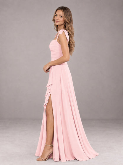 Blush Pink A-Line Square Neck Sleeveless Chiffon Floor-Length Bridesmaid Dress With Side Split