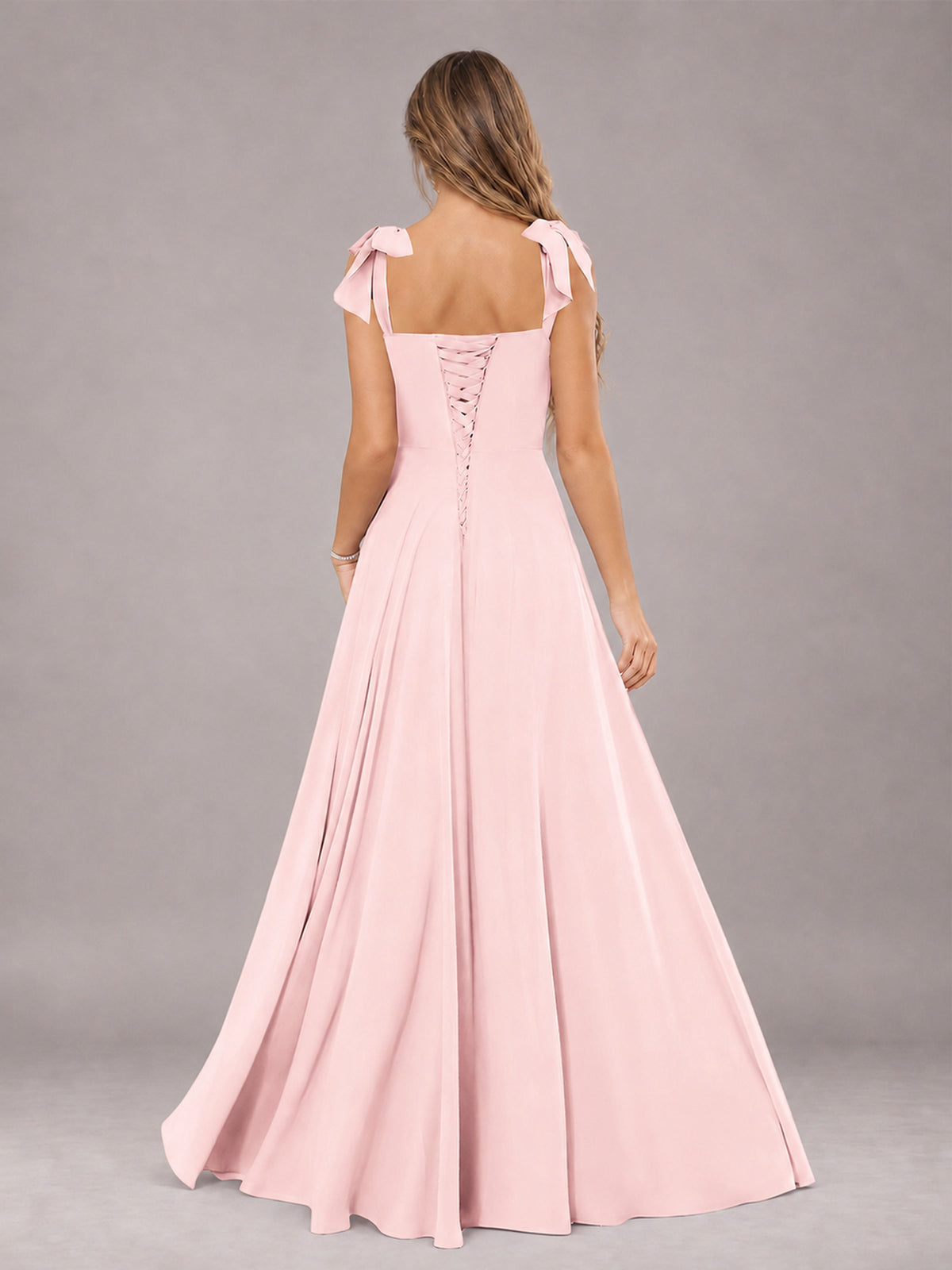 Blush Pink A-Line Square Neck Sleeveless Chiffon Floor-Length Bridesmaid Dress With Side Split