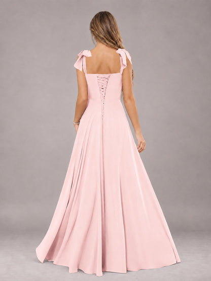 Blush Pink A-Line Square Neck Sleeveless Chiffon Floor-Length Bridesmaid Dress With Side Split
