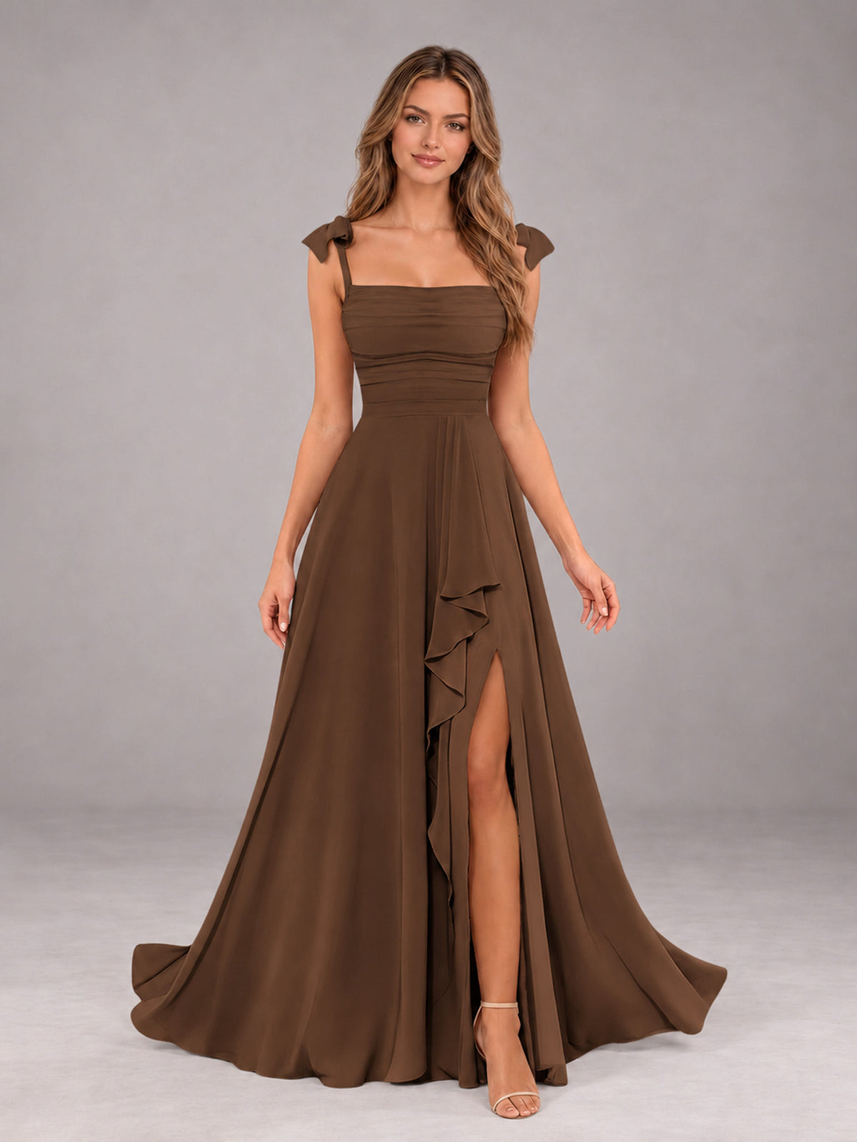 Brown A-Line Square Neck Sleeveless Chiffon Floor-Length Bridesmaid Dress With Side Split