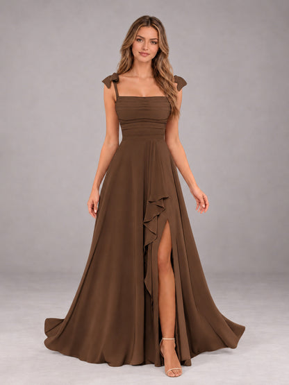Brown A-Line Square Neck Sleeveless Chiffon Floor-Length Bridesmaid Dress With Side Split