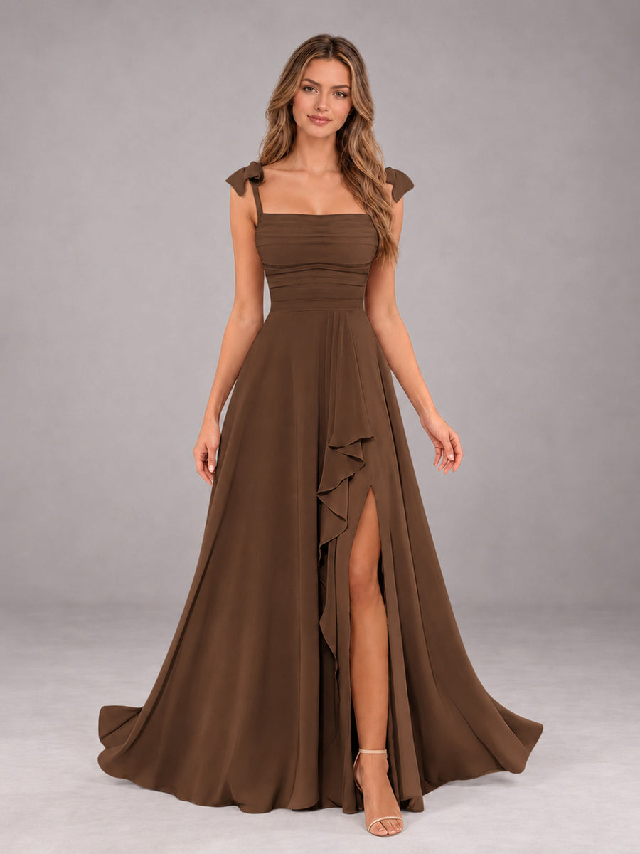 Brown A-Line Square Neck Sleeveless Chiffon Floor-Length Bridesmaid Dress With Side Split