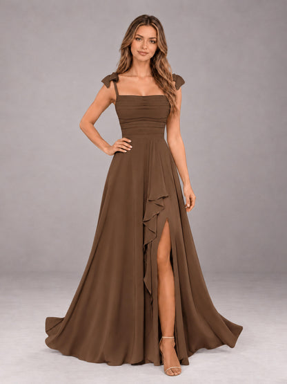 Brown A-Line Square Neck Sleeveless Chiffon Floor-Length Bridesmaid Dress With Side Split