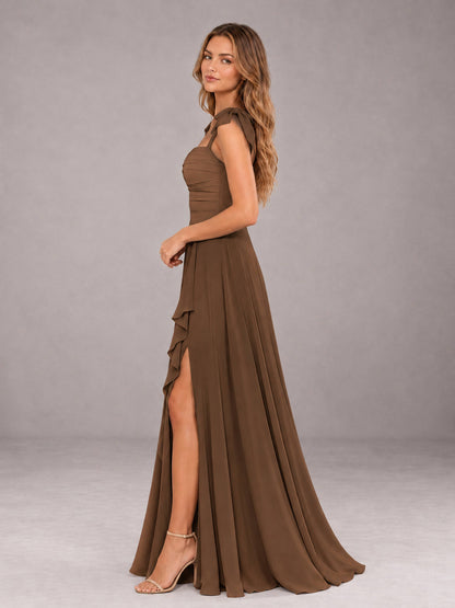 Brown A-Line Square Neck Sleeveless Chiffon Floor-Length Bridesmaid Dress With Side Split