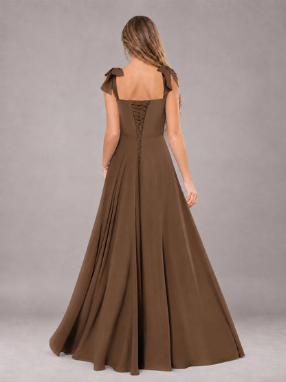 Brown A-Line Square Neck Sleeveless Chiffon Floor-Length Bridesmaid Dress With Side Split