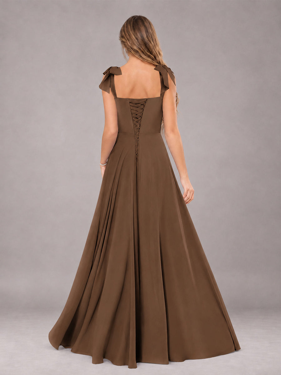 Brown A-Line Square Neck Sleeveless Chiffon Floor-Length Bridesmaid Dress With Side Split