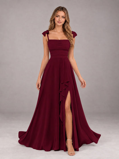 Burgundy A-Line Square Neck Sleeveless Chiffon Floor-Length Bridesmaid Dress With Side Split