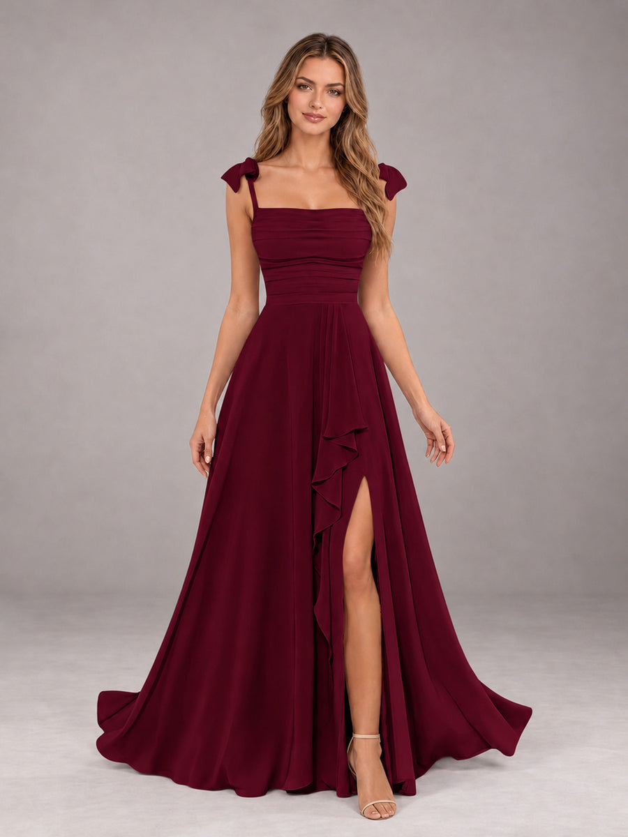 Burgundy A-Line Square Neck Sleeveless Chiffon Floor-Length Bridesmaid Dress With Side Split