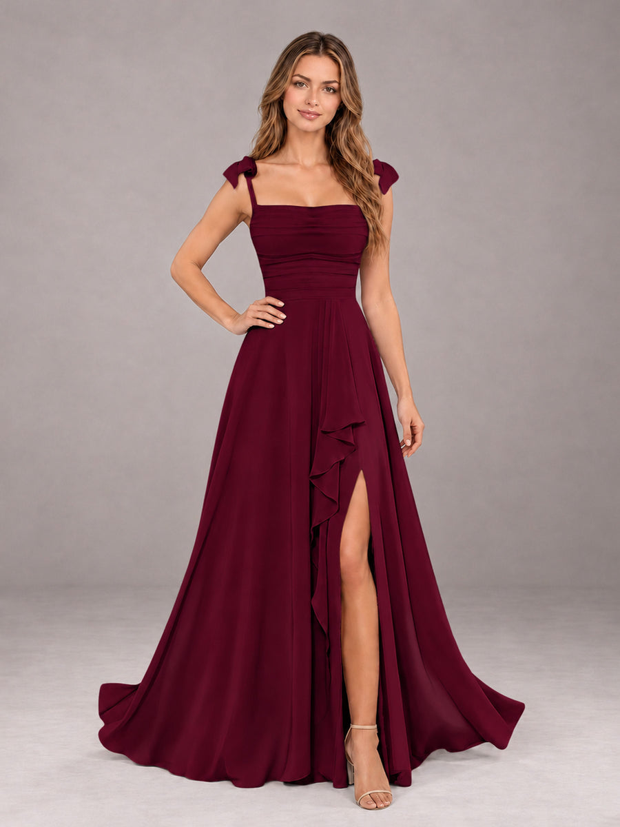 Burgundy A-Line Square Neck Sleeveless Chiffon Floor-Length Bridesmaid Dress With Side Split