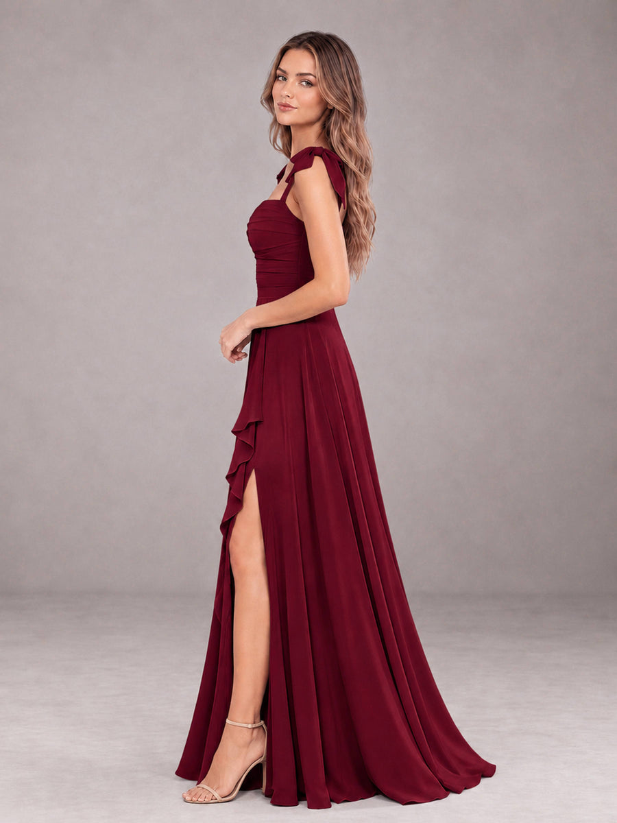 Burgundy A-Line Square Neck Sleeveless Chiffon Floor-Length Bridesmaid Dress With Side Split