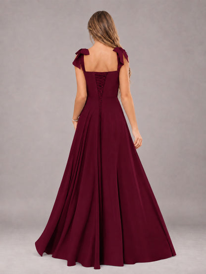 Burgundy A-Line Square Neck Sleeveless Chiffon Floor-Length Bridesmaid Dress With Side Split