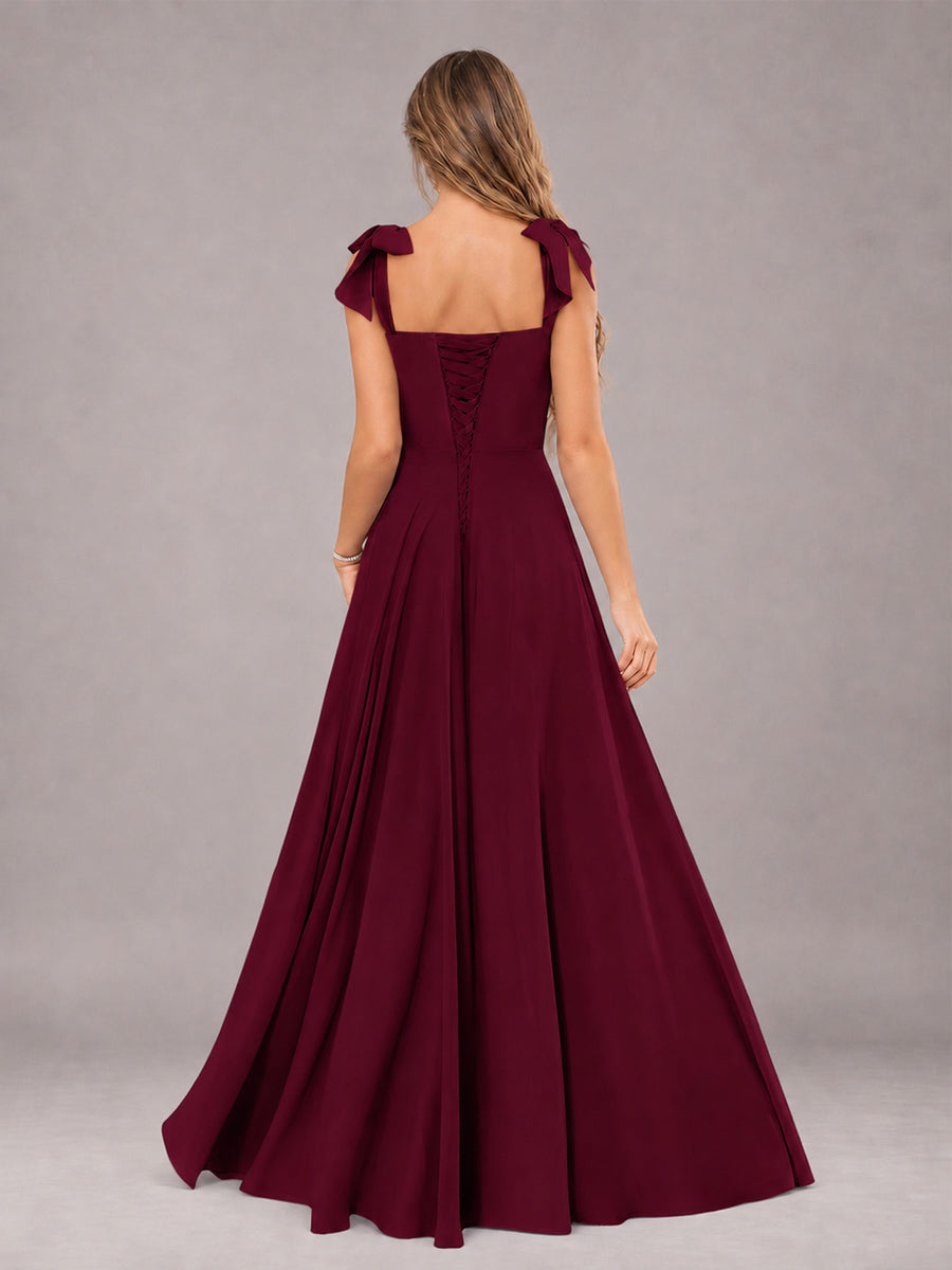 Burgundy A-Line Square Neck Sleeveless Chiffon Floor-Length Bridesmaid Dress With Side Split