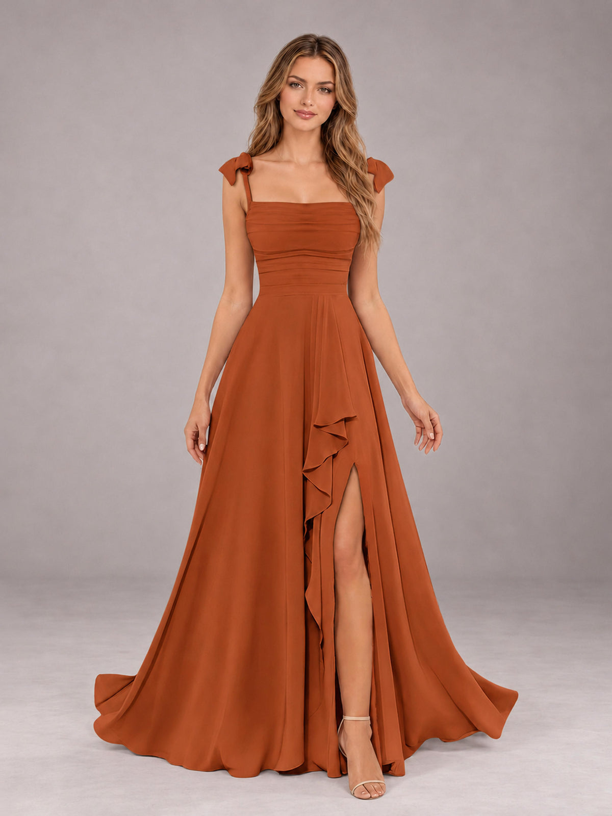Burnt Orange A-Line Square Neck Sleeveless Chiffon Floor-Length Bridesmaid Dress With Side Split