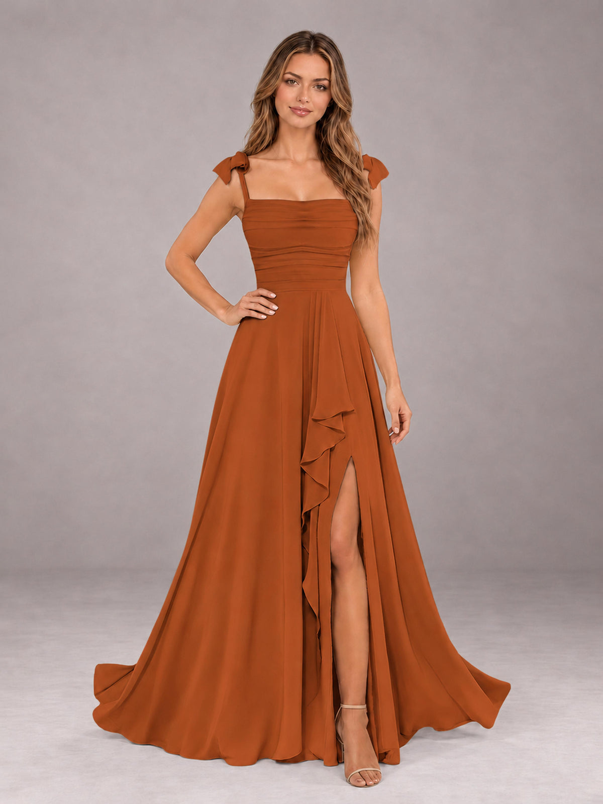 Burnt Orange A-Line Square Neck Sleeveless Chiffon Floor-Length Bridesmaid Dress With Side Split