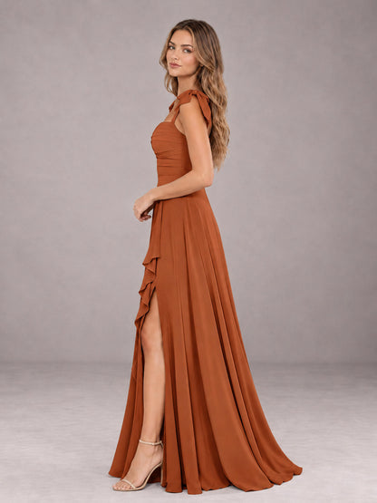 Burnt Orange A-Line Square Neck Sleeveless Chiffon Floor-Length Bridesmaid Dress With Side Split