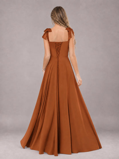 Burnt Orange A-Line Square Neck Sleeveless Chiffon Floor-Length Bridesmaid Dress With Side Split