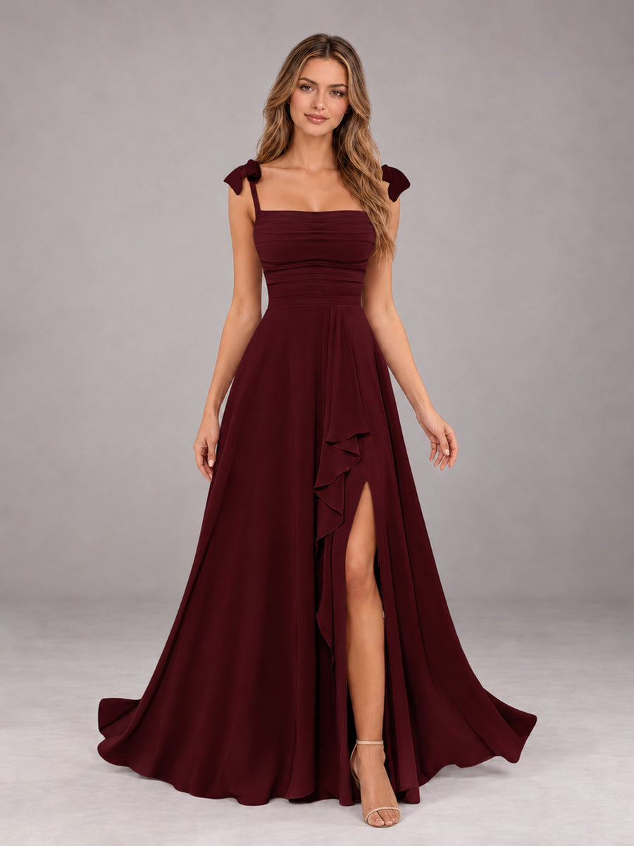 Cabernet A-Line Square Neck Sleeveless Chiffon Floor-Length Bridesmaid Dress With Side Split