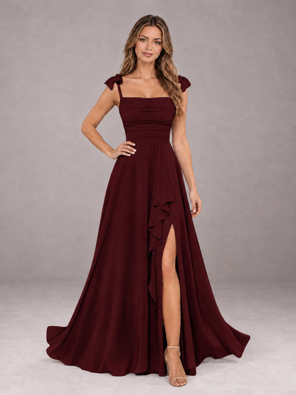 Cabernet A-Line Square Neck Sleeveless Chiffon Floor-Length Bridesmaid Dress With Side Split
