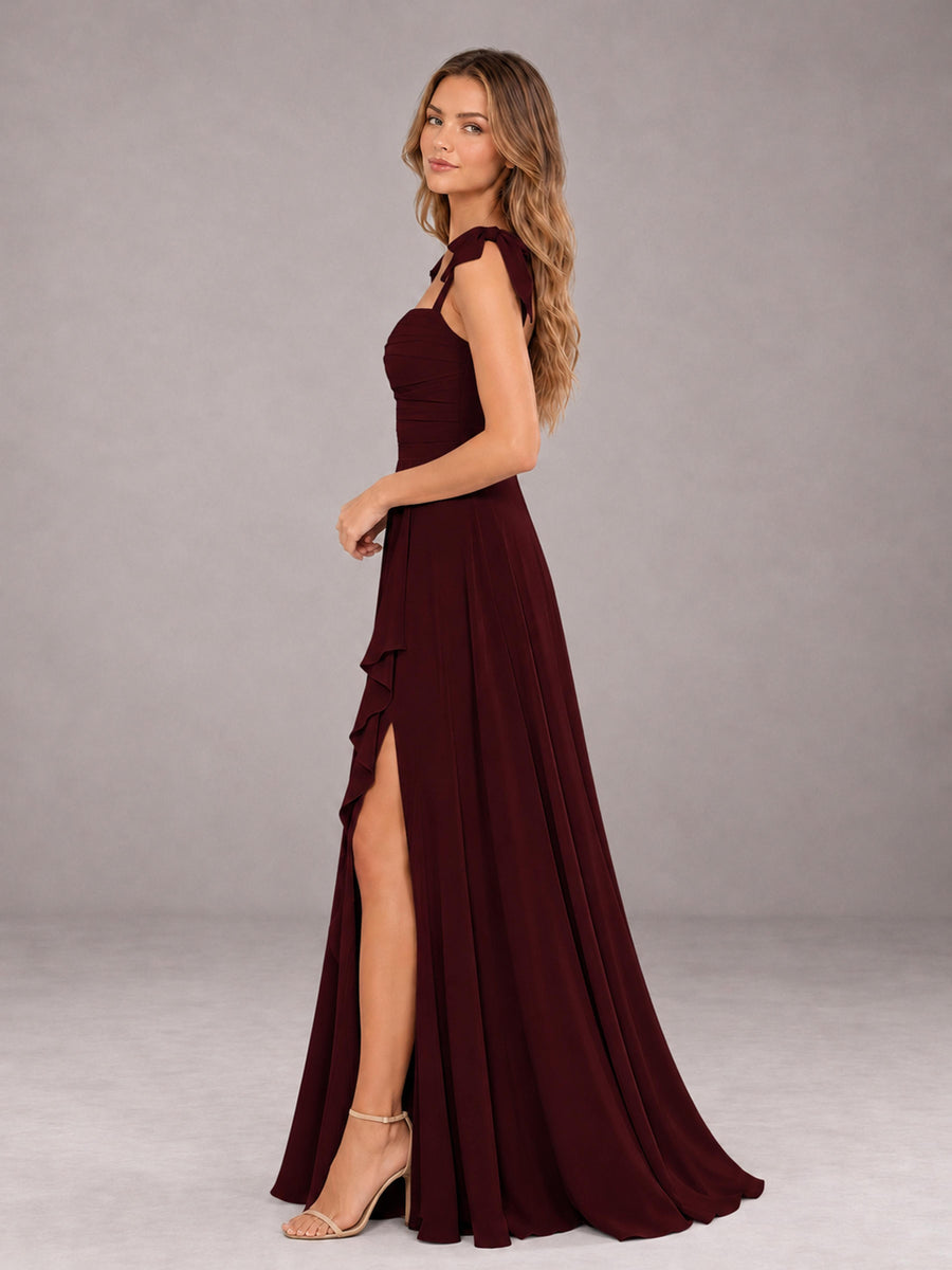Cabernet A-Line Square Neck Sleeveless Chiffon Floor-Length Bridesmaid Dress With Side Split