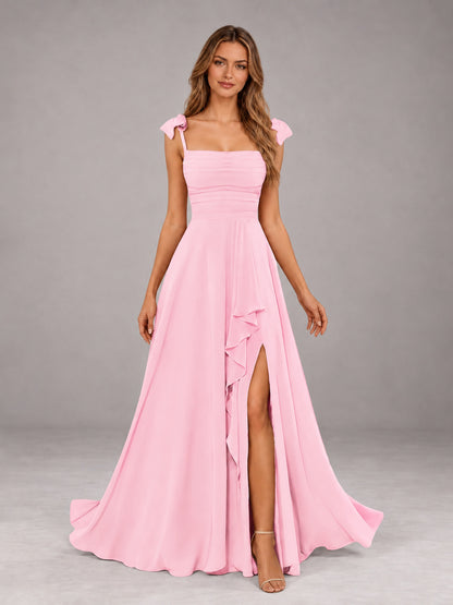 Candy Pink A-Line Square Neck Sleeveless Chiffon Floor-Length Bridesmaid Dress With Side Split