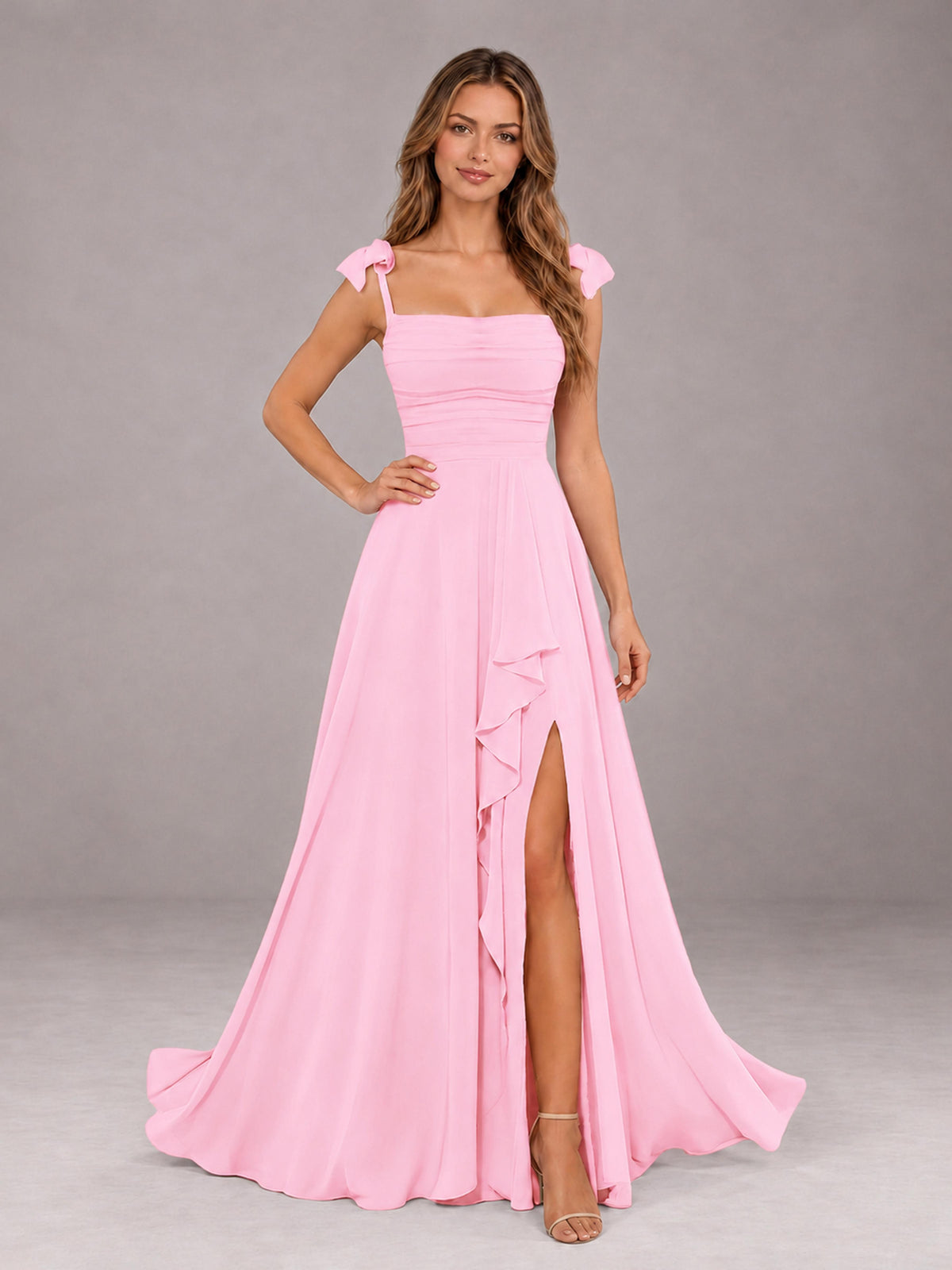 Candy Pink A-Line Square Neck Sleeveless Chiffon Floor-Length Bridesmaid Dress With Side Split