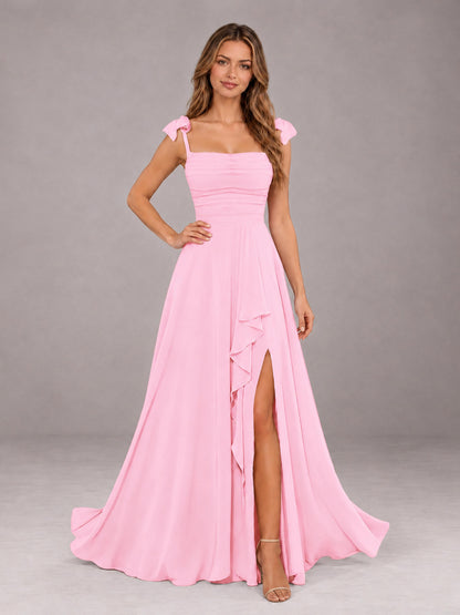 Candy Pink A-Line Square Neck Sleeveless Chiffon Floor-Length Bridesmaid Dress With Side Split