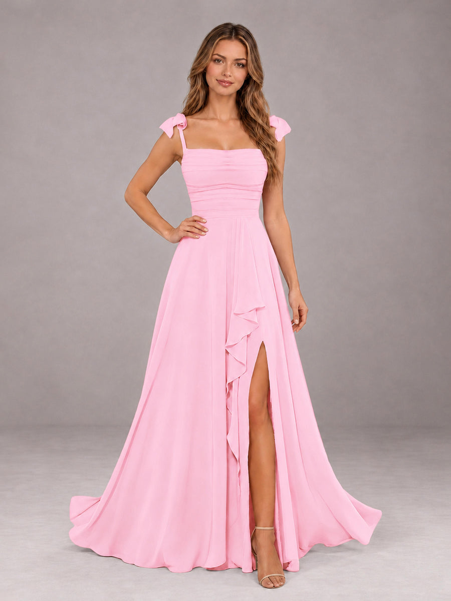 Candy Pink A-Line Square Neck Sleeveless Chiffon Floor-Length Bridesmaid Dress With Side Split